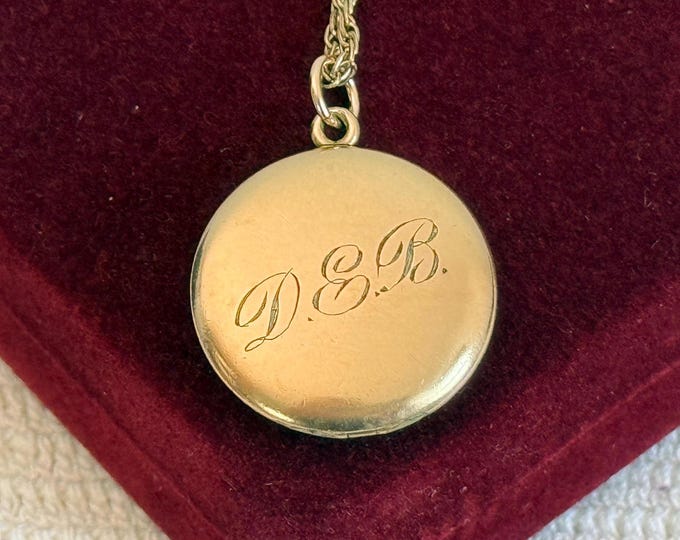 Antique Gold Filled Locket Necklace: 14K GF Chain, Engraved DEB Monogram