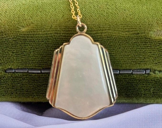 Vintage Shield Shaped Locket w/ Mother of Pearl on 14K Gold Filled Chain - 2 Photo Wells - Pendant Necklace Retro Estate Jewelry -Unique MOP