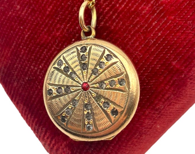 Antique Photo Locket Necklace - Gold Filled Round with Red Clear Paste Stones on 14K GF Chain - Etched Art Deco Vintage Estate Jewelry Gift