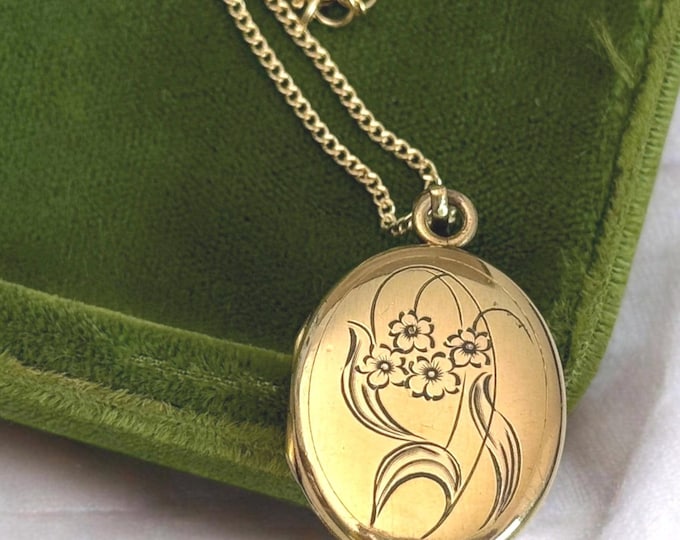 Vintage Gold Filled Locket Necklace: Etched Floral Design, JF Sturdy Co.