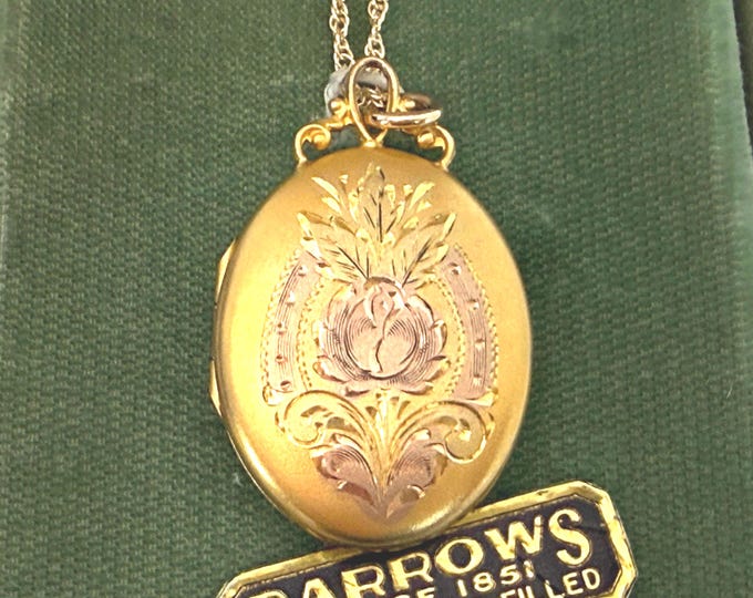 Vintage Gold Filled Oval Locket: Etched Floral Design, 14K GF Chain