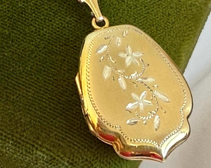 Vintage Gold Filled Shield Locket Necklace: Etched Floral Pendant, Burkhardt Chain