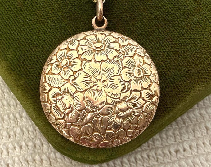 Antique Gold Filled Locket: Circle w/ Raised Flowers, DBC Monogram, 14K GF Chain