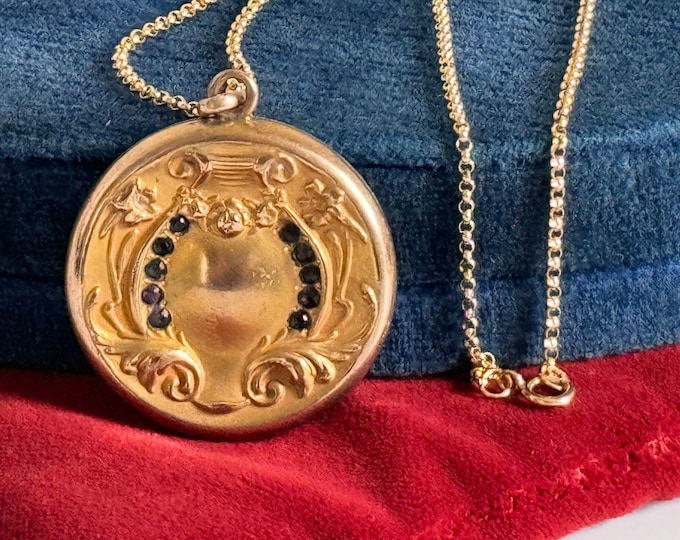 Antique Gold Filled Round Locket w/ Paste Art Nouveau Flower Lily Pendant - 2 Photo Necklace Early 1900s Vintage Estate Jewelry
