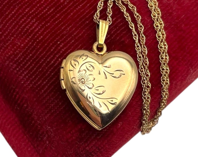 Vintage 12K Yellow Gold Filled Etched Heart Locket - Floral Flowers 14K GF Chain BAB Ballou Hallmark Circle Retro 2 Photo Pendant Necklace