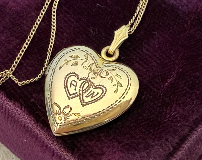 Vintage 14K Gold Filled Etched Heart Locket Necklace A W Initials, 14K GF Chain