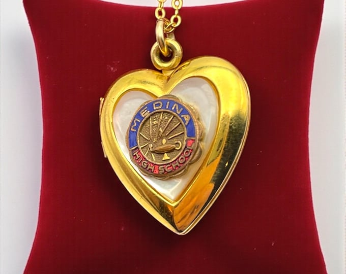 Vintage Gold Filled Heart Locket Necklace: Mother of Pearl Medina High School '40