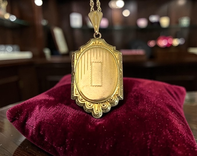 Vintage Gold Filled / Plated Locket Necklace, 14K GF Chain, Etched Rounded Rectangle