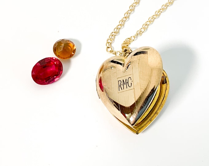 Vintage 12K Gold Filled Etched Heart Locket 14K Monogrammed GF Chain - Retro Sweetheart Necklace Hallmarked Retro Pendant Circa 1920-30s