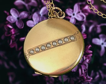 Art Deco 10K Gold Filled Locket - Round 2 Photo Necklace w/ Seed Pearl and Etched Accent on 14K GF Chain - Ca 1920s Estate Jewelry