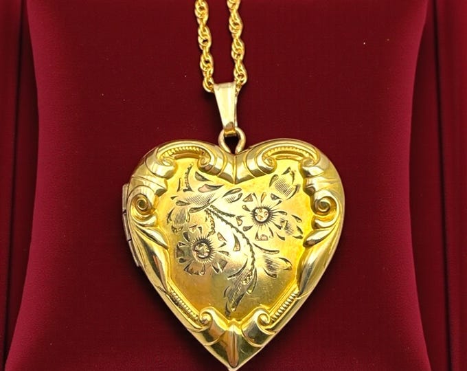 Vintage Gold Heart Locket - Gold Filled Floral Etched Necklace Pendant with 14K GF Chain