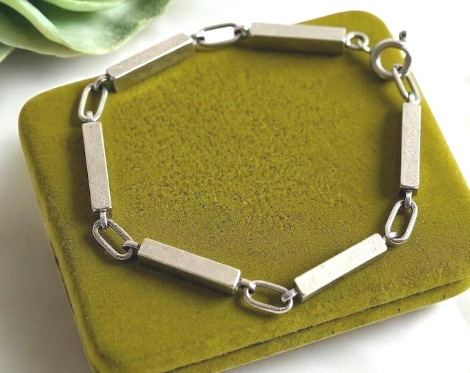 Vintage Sterling Silver Bracelet Panel Bar - Modernist Heavy Rectangular Link Chain Marked 925 - Mod Retro Estate Jewelry - ca Mid century
