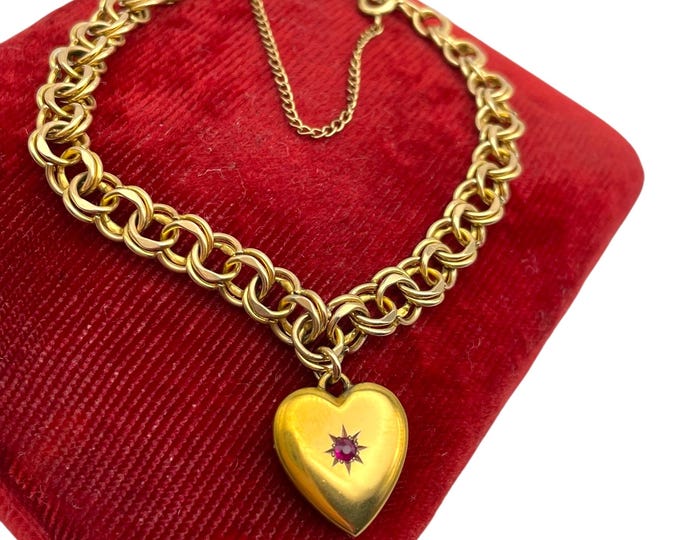 Vintage Charm Bracelet - 12K Gold Filled with Red Paste Rhinestone Heart Charm Monogram LKP LRP Double Link Chain 1960s Era Fashion Jewelry