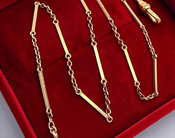 Antique Gold Filled Watch Chain Necklace, Rectangular Bar Links, SIMMONS, Dog Clip, Early 1900s, 15 inch Choker Necklace Men's Pocket Watch