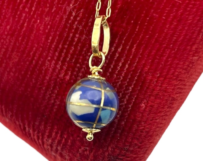 Vintage 14K Gold Globe Pendant Necklace - Inlay Stones Small Earth World Round Charm on 14K Yellow Gold Chain - Estate Jewelry Made in Italy