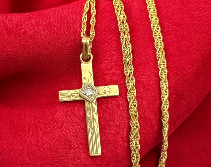 Vintage 14K Yellow Gold Cross with Diamond - on 14K GF Chain AA A. Alland Hallmark Etched Gold Retro Religious Pendant Necklace Jewelry Gift