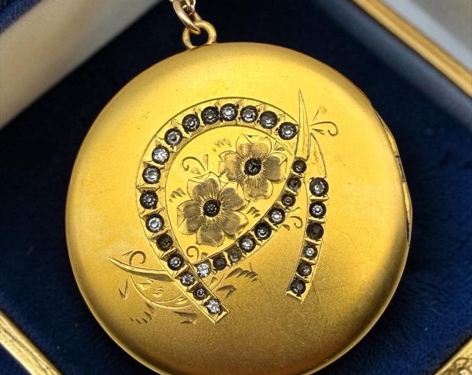 Antique HA & Co Gold Filled Locket Necklace: Horseshoe, Etched Flowers, Rhinestones