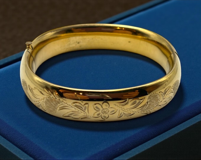 Vintage 14K Gold Filled Bangle: Etched Floral HFB Bracelet, 1940s