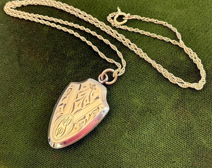 Vintage Gold Filled Locket: Etched Shield Shape, CS Monogram, 14K GF Chain