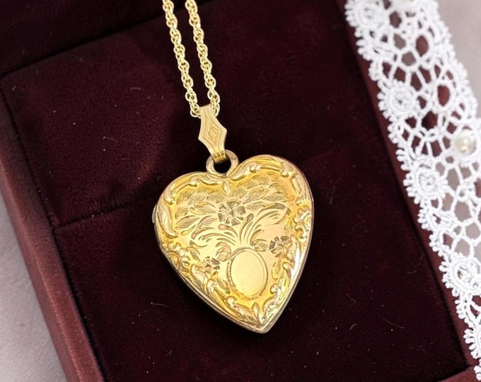 Vintage 10K Gold Filled Heart Locket, Etched Floral Repousse Necklace, 14K GF Chain
