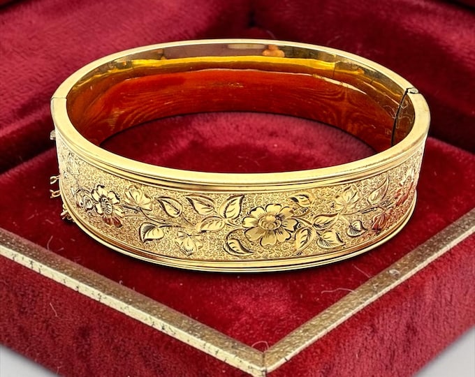 Vintage Gold Filled Bangle: Thick Etched Hinged Bracelet, 12K GF, Antique Jewelry FM CO, Statement Heirloom Jewelry, Gift for Her
