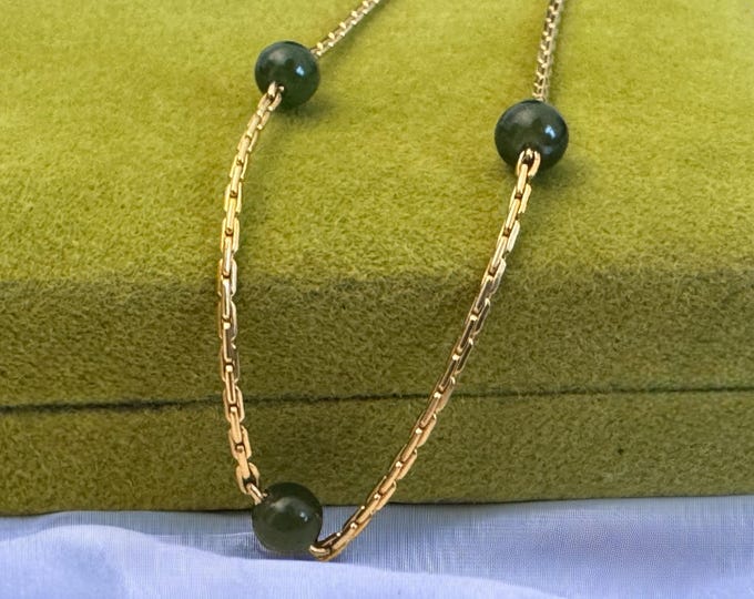Vintage 14K Gold Filled Green Gemstone Station Bracelet - Fine Thin Small for Layering - Specialty Link Retro Estate Jewelry - Gift for Her