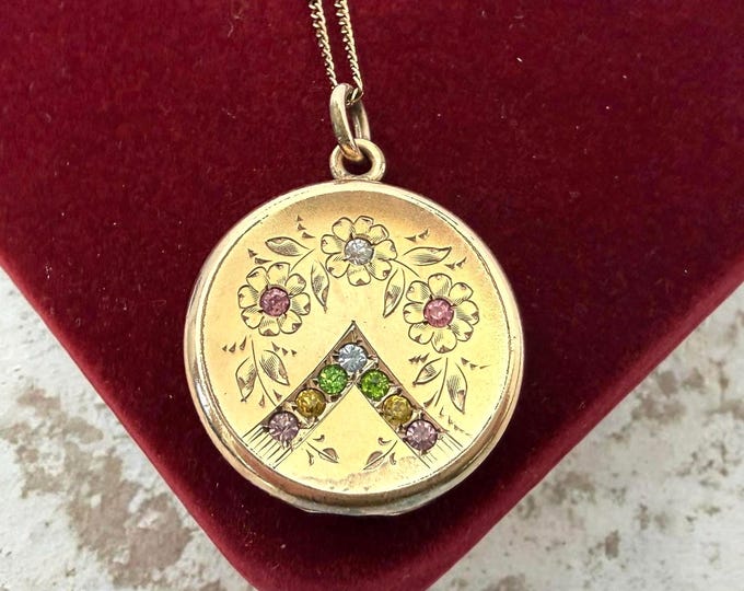Art Nouveau Gold Filled Locket: Etched Floral Paste Gems, AG Monogram, 20" Chain