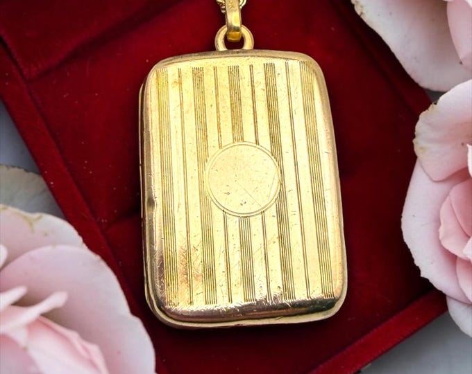 Antique Gold Filled Locket Necklace: Victorian Engraved Pinstripe Rectangle (14K GF Chain)