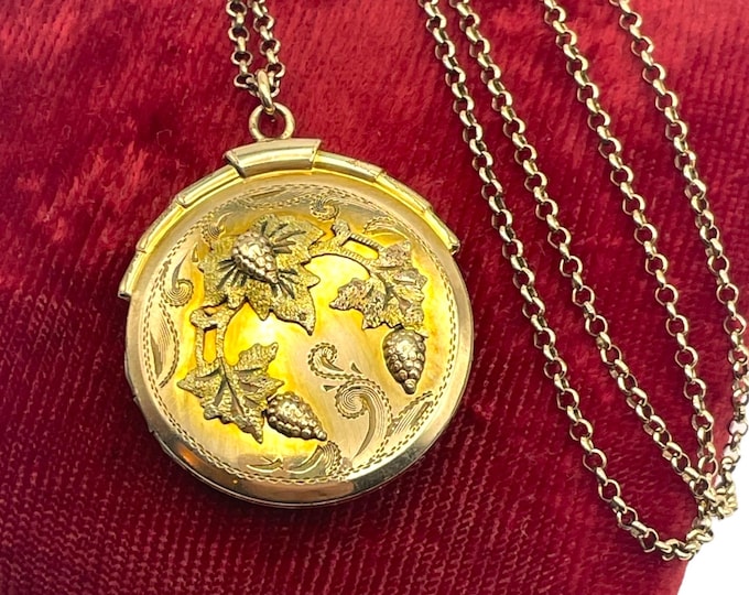 Vintage Round 12K Gold Filled Grapes and Leaves Locket - SAMSAN Hallmark - Sam San 1950s Pendant Estate Jewelry Old Photos Mid Century