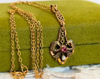 Art Nouveau 10K Gold Garnet Seed Pearl Lavalier Necklace
