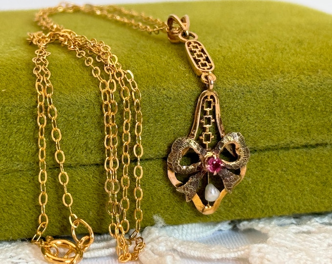 Art Nouveau 10K Gold Garnet Doublet & Seed Pearl Lavalier Pendant Necklace - 14K Gold Filled Chain - Early 1900s Fine Estate Antique Jewelry