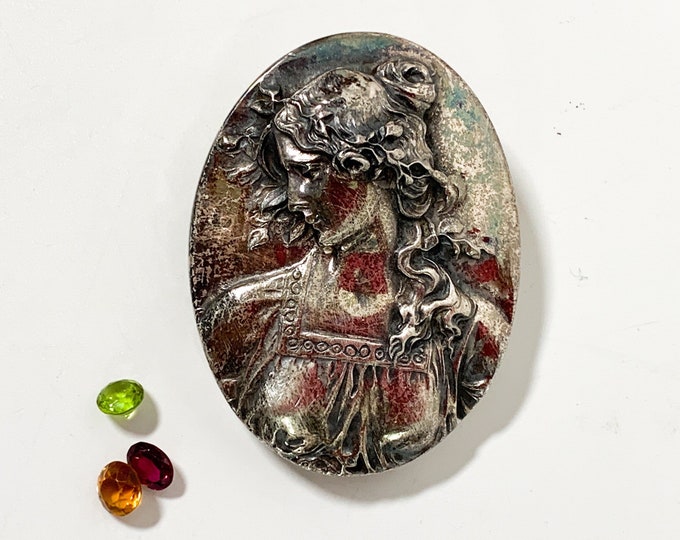 Vintage Henryk Winograd 925 Brooch Pendant - Art Nouveau Converter Pin - Sterling Silver Repoussé Hallmarked Large Oval Woman Cameo