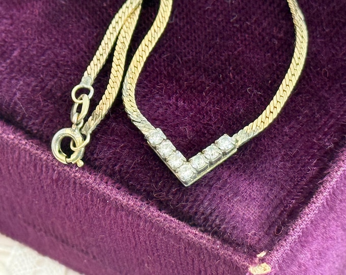 Vintage Flat 14K Yellow Gold Filled Herringbone Link Chain w/ Rhinestones - 16” GF Pendant Necklace Simple Minimal