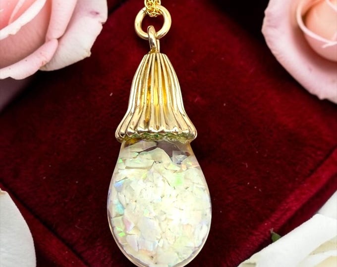 Vintage Amco 12K Gold Filled Floating Opal Pendant Necklace: 1940s Glass Orb