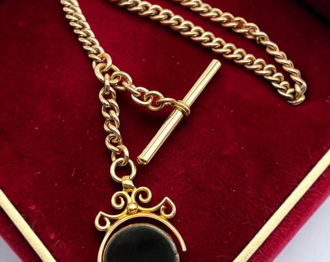 Antique Rolled Gold Pocket Watch Chain: T-Bar Spinner Fob, Onyx & Bloodstone Fob, Swivel Dog Clip, Victorian Albert Chain, Men's Accessory