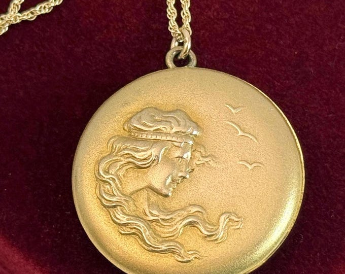 Antique Locket - Art Nouveau Round 2 Photo Necklace, 14K Gold Filled Chain, Vintage Pendant