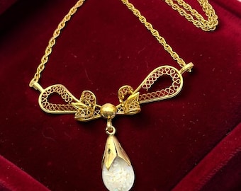 1940s 12K Gold Filled Floating Opal Pendant Necklace: Bow Filigree Orb Choker