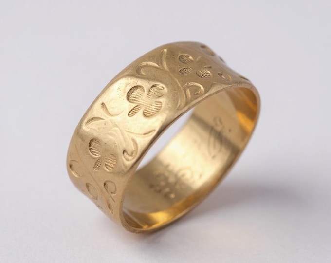 Antique 10K Gold Cigar Band Ring - Clover Shamrock Design Monogram MJE  Victorian Wedding Estate Jewelry Size 6 - Late 1800s Arnold & Steere