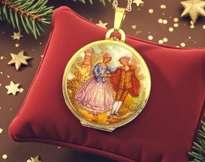 Vintage Gold Tone Locket – K&L Germany Love Scene Necklace, 14K GF Chain