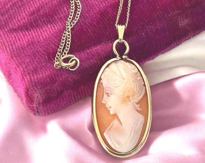 Vintage 12K Gold Filled Oval Cameo Pendant on 14K GF Chain - Retro Classic Carved Shell Necklace - Estate Jewelry