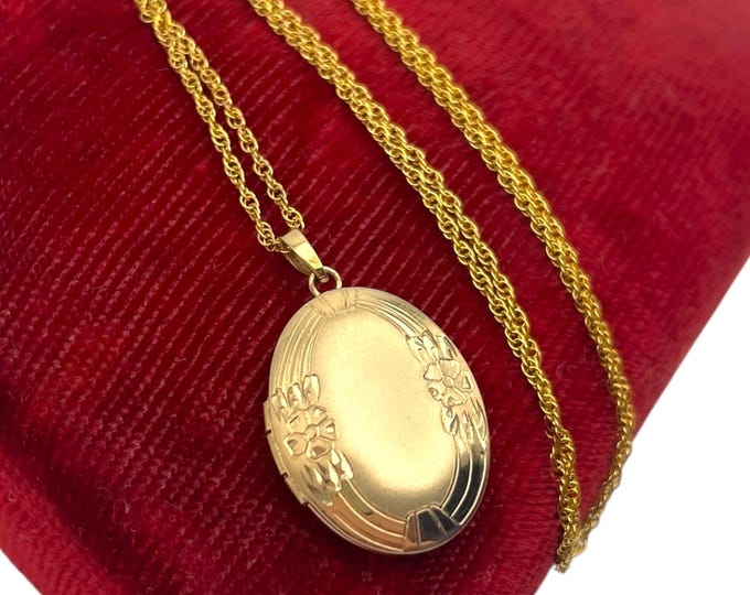 Vintage 14K Gold Filled Oval Locket Necklace - 14K GF Etched Tru-Kay TK - Hallmarked Pendant Photo Charm Jewelry Gift for Her Love Locket
