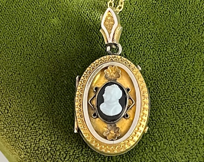 Antique Cameo Oval Mourning Locket on 14K Gold Filled Chain - Vintage Necklace Mixed Metal Victorian w/ Photo & Hair 1 Glass Cover ca 1800s