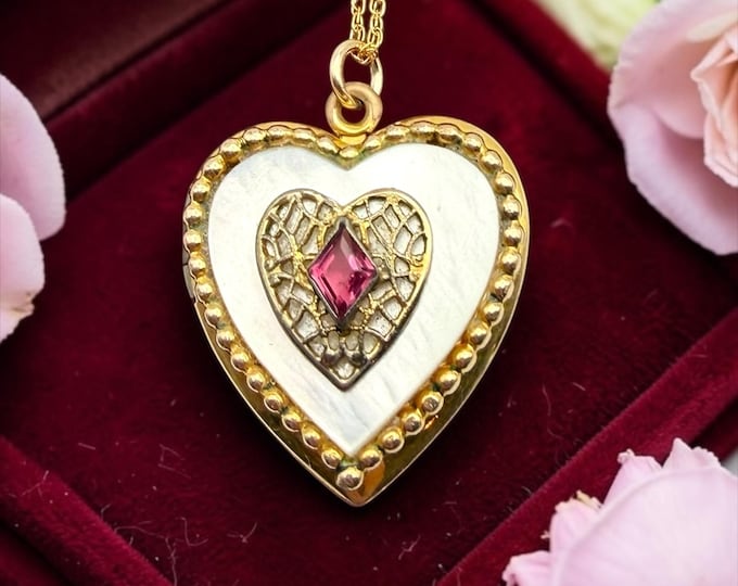 Vintage 12K Gold Filled Heart Locket Necklace: Mother of Pearl, Filigree, Pink Rhinestone
