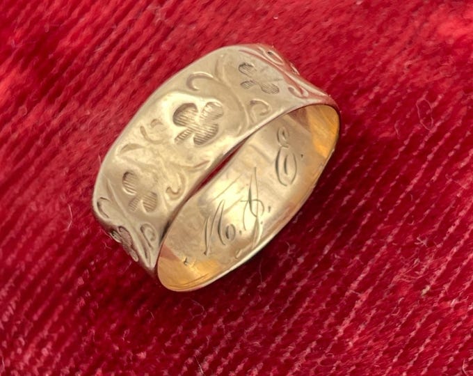 Antique 10K Gold Cigar Band Ring - Clover Shamrock Design Monogram MJE  Victorian Wedding Estate Jewelry Size 6 - Late 1800s Arnold & Steere