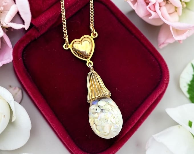 Vintage 12K Gold Filled Floating Opal Pendant Necklace: 1940s Heart Glass Orb