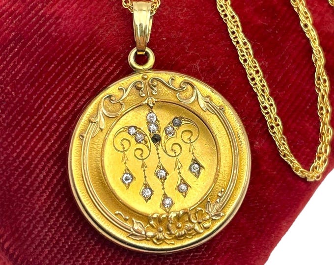 Antique Round Gold Filled Locket - Paste Rhinestones Letter FEW Monogram Hallmark Photo Necklace 14K GF Chain 1900s Edwardian Estate Jewelry