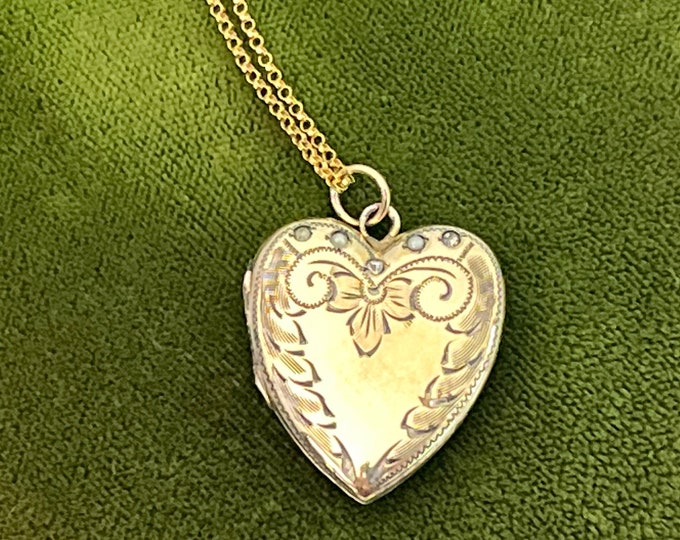 Vintage Gold Filled Heart Locket Necklace: Etched Floral, Seed Pearls, 14K GF Chain