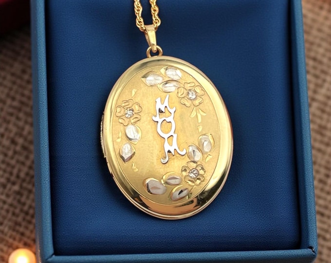 Vintage 14K Gold Filled MOM Locket Necklace - Etched Floral Photo Pendant