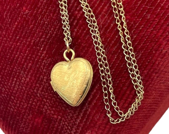 Vintage Petite 12K Gold Filled Heart Locket 14K GF PPC Chain - Etched Letter L Monogram BAB Ballou Small Photo Pendant Necklace Child Girl
