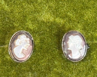 Vintage Danecraft Cameo Earrings: 12K White Gold Filled, Man & Woman Profile